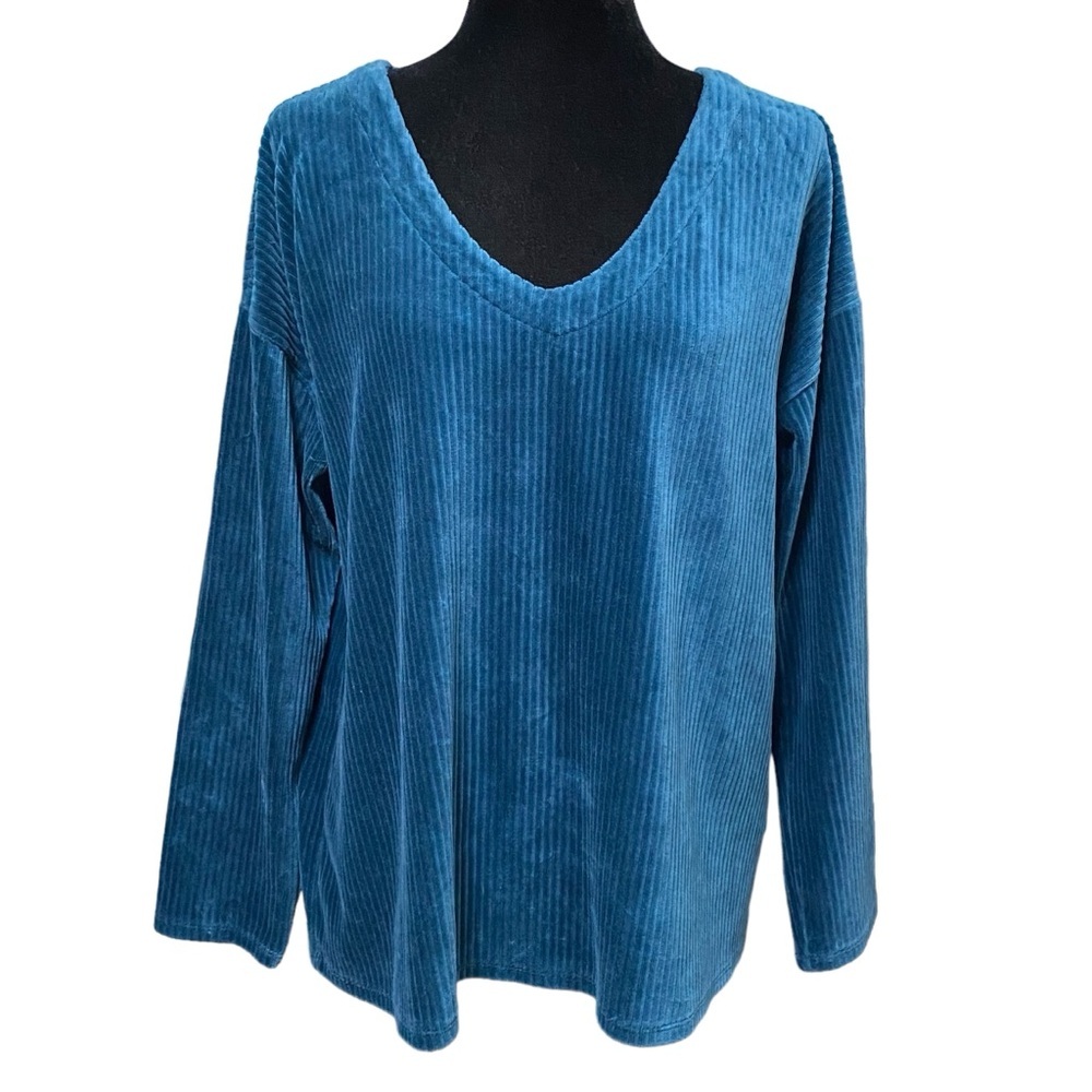 J Jill Teal Plush Stretch Knit Corduroy V-Neck Top Size Large Y2K 90s